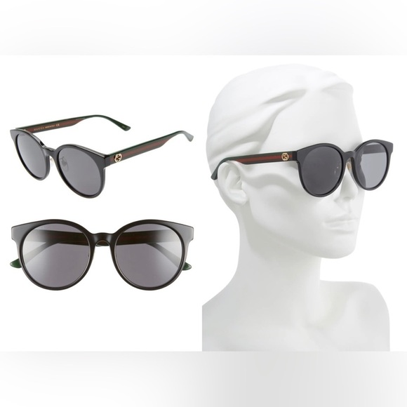 GUCCI 55MM ROUND BLACK FRONT GREEN SIDE RACING STRIPES GG SUNGLASSES - Picture 9 of 11